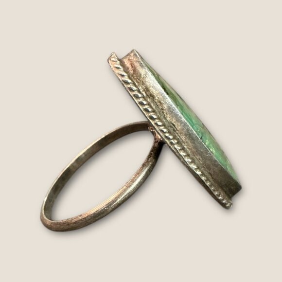 Vintage Green Turquoise Sterling Silver Ring Size 5.25 Oval Shape Rope Design RE - Picture 2 of 8